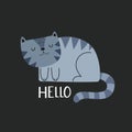 Hello. cartoon cat, hand drawing lettering. colorful vector flat style illustration for kids. Royalty Free Stock Photo